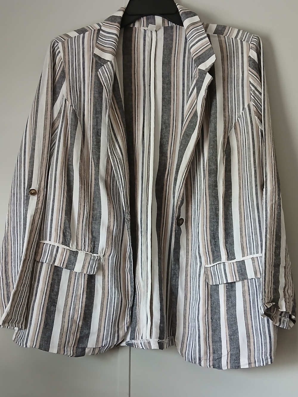 Striped Linen-Blend Blazer in Gray, White & Tan